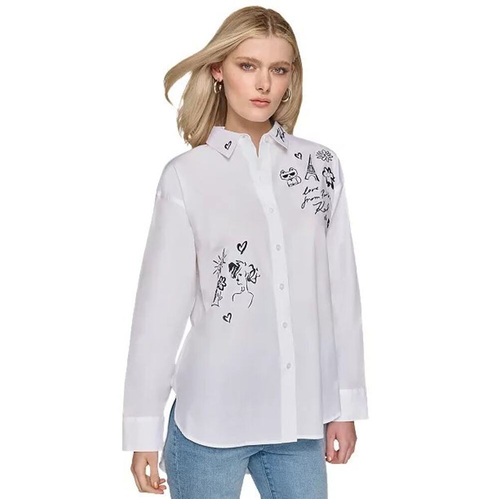 Karl Legerfeld Paris Womens Sketch Graphic Poplin Shirt New Limited Edition Sz L